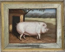 Continental School 20th century oil on canvas laid on wood board, A Prize Pig in a Sty,