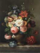 Emilio Greco oil on panel, Flowers in an Urn on a marble edge