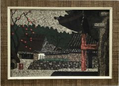 Japanese woodblock, signed bottom left, 25cm x 37cm, in glazed frame