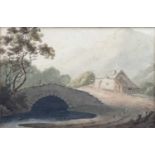 John Varley (1778-1842) watercolour of a bridge and cottage, 15cm x 23cm in glazed frame