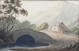 John Varley (1778-1842) watercolour of a bridge and cottage, 15cm x 23cm in glazed frame