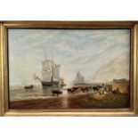 19th Century English School, oil on board, Sailing Vessels off shore with cattle and figures, indist