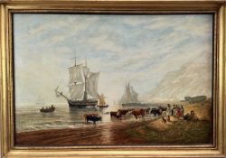 19th Century English School, oil on board, Sailing Vessels off shore with cattle and figures, indist