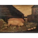 English School early 20th century, naive oil on panel of a prize sow and her piglets, 33 x 44cm unfr