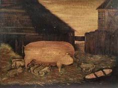 English School early 20th century, naive oil on panel of a prize sow and her piglets, 33 x 44cm unfr