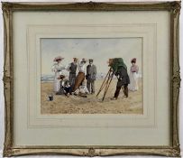 Albert E Smith watercolour - Edwardian beach photographer and family, signed, 23cm x 31cm, in glazed