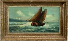 20th century French, oil on board, maritime scene, boat in choppy seas, signed lower right, 38.5x19.