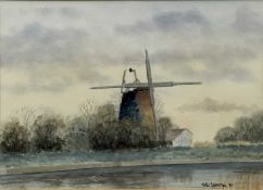 Peter Stanton (Contemporary): watercolour, Cambridgeshire landscape, view of a windmill, 34x24.5cm