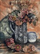 John Bell (Contemporary): watercolour, still life of a vase of flowers with porcelain teacup, 33x25c