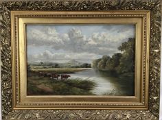 English school, 19th century oil on canvas, river landscape with cows, 40.5x27cm