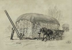 G.E.Wells (Contemporary): Ink wash, horse and cart with a stack, signed lower left, 33x 33.5cm