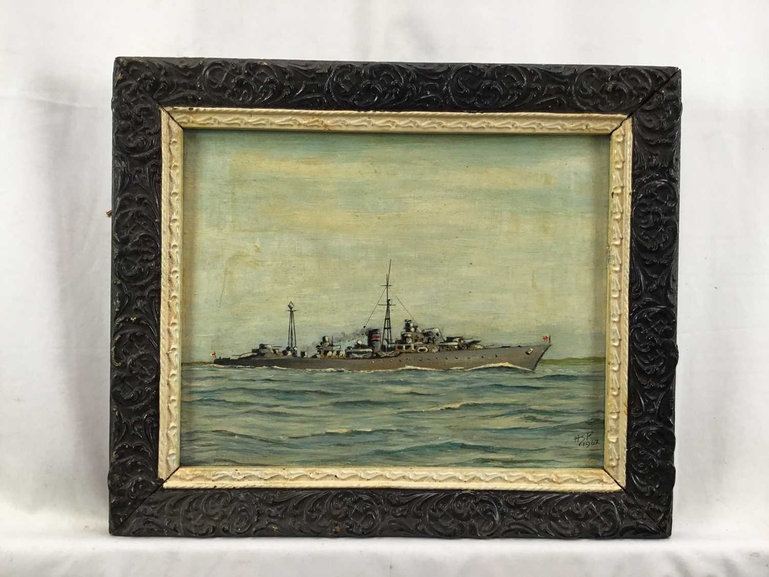 English school, 20th century oil on board, maritime scene of a battleship, signed and dated lower ri - Image 4 of 5