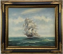 Ambrose (Contemporary): oil on canvas, maritime scene of a galleon in rough seas, 59.5x49cm