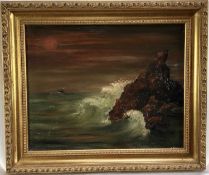 Bertois (French 20th century): oil on canvas, rough seas and rock, 40x31.5cm