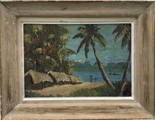 20th century oil on board, exotic river landscape with palms, 30x20.5cm