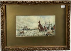 Manner of Thomas Bush, Hardy (1842-1897): watercolour, ships, and harbour, 37x20cm