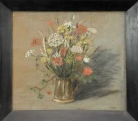 Mary Hallam (Contemporary): pastels, still life of wild flowers in jug, 48.5x41.5cm