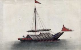 Chinese painting on rice paper, scene of a junk ship, 21.5x13.5cm