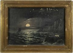 W.Burton: 19th century oil on board, maritime scene, English coast at moonlight, 29.5x19.5cm