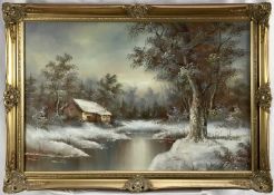 Irene Cafieri: oil on canvas, winter woodland scene with cottage in foreground, signed lower right,