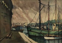 Michel Joyeux (20th century) watercolour, Boats moored in harbour, 64x45cm