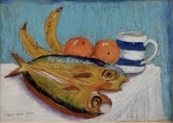 Joan Bell (21st century Contemporary): pastel, still life of fish and fruit, signed and dated lower