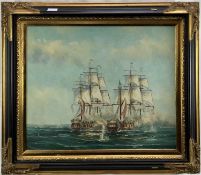 Oil on canvas, maritime scene of two ships at battle, indisctinctly signed, 60x49cm