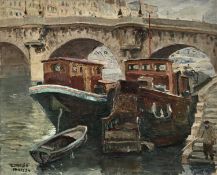 L.Martin (French, 20th century): oil on board, moored boats by bridge, signed and dated lower left,