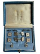 Good quality set of Art Deco style 9ct white gold cufflinks and dress studs with square turned mothe
