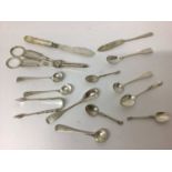 Mixed group of Georgian and later silver condiment spoons, sugar tongs, plated grape scissors and ot