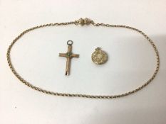 Victorian 9ct gold necklace, Victorian locket and a gilt metal cross
