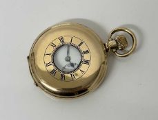 Frasers of Ipswich half hunter pocket watch in gold plated case, with white enamel dial, cased