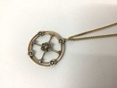Edwardian 9ct gold and seed pearl pendant on chain