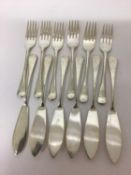 Set of six silver Old English pattern fish knives and forks with engraved crests, all at 20ozs