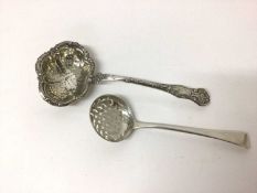 Russian silver (84) sifter spoon with shaped bowl, together with a George III silver sifter spoon (2
