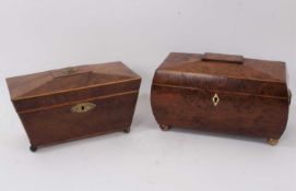 Two 19th century sarcophagus form tea caddies, one in burr yew