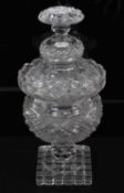 Large 19th century cut glass sweetmeat urn and cover, with fan-cut rim, square base, 31cm high