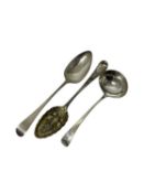 George III silver old English pattern sauce ladle, George III silver table spoon and another Georgia
