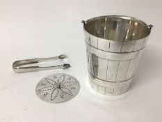 Good quality Edwardian silver plated ice bucket with swing handle and a pair Georgian silver tongs (
