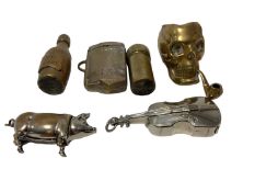 Six Victorian brass and plated novelty Vesta cases including skull, violin and pig (6)