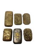 Six 19th century mostly brass Oriental taste Vesta cases including dragons