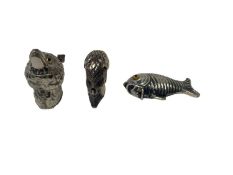 Three modern novelty silver plated Vesta cases in the form of a demons head, a fish and a wolf's hea