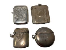 Edwardian silver vesta case with engine turned decoration (Chester 1903) together with 3 other silve