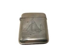 Victorian silver Vesta case engraved with a racing yacht ( Birmingham 1896) 52 x 44mm