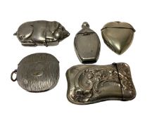 Five Victorian nickel plated Vesta cases including novelty pig and heart-shaped Vesta (5)