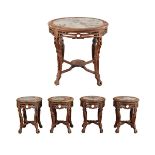 Chinese Round Table & 4 Stools w/ Marble Inserts