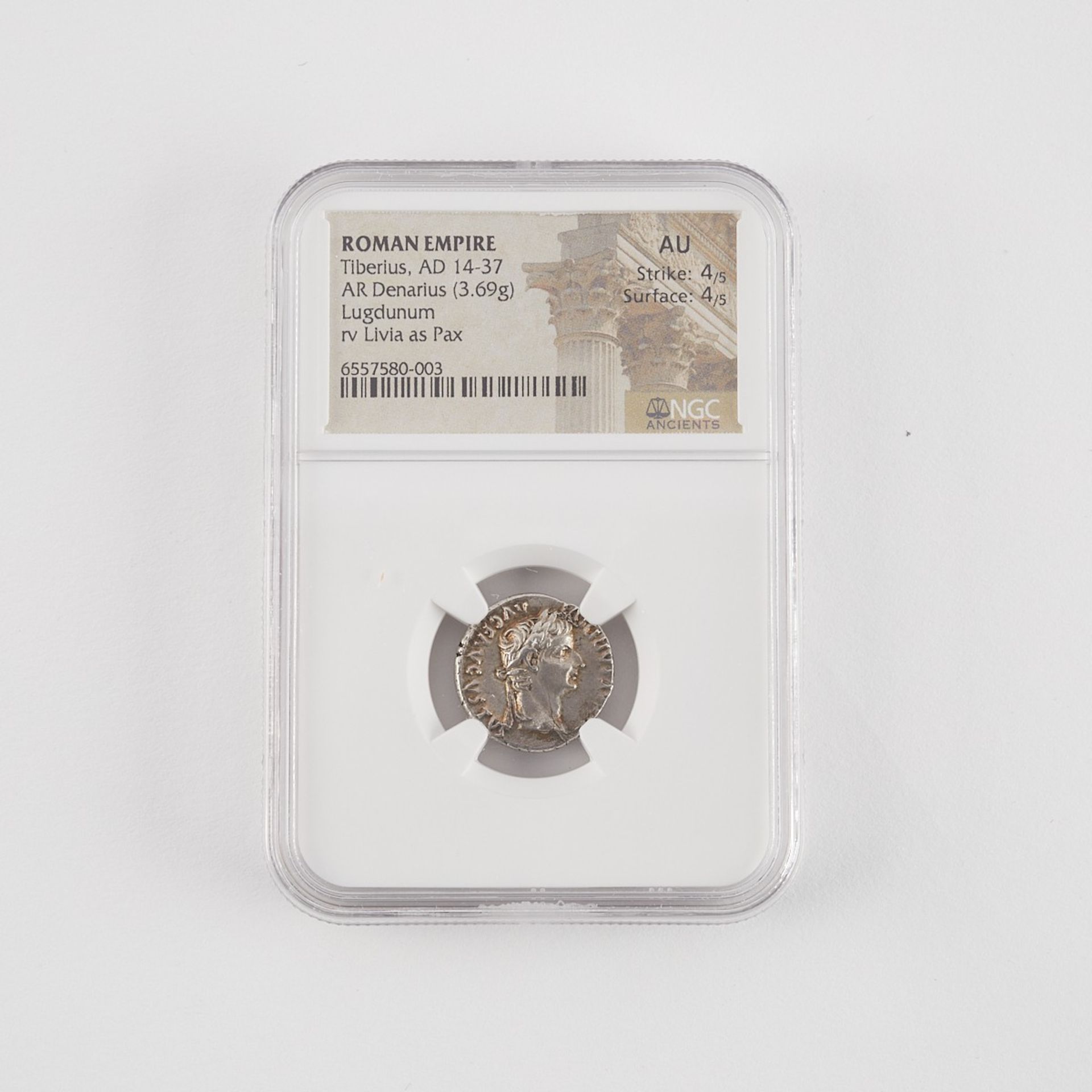 Roman Tiberius Lugdunum Denarius NGC AU