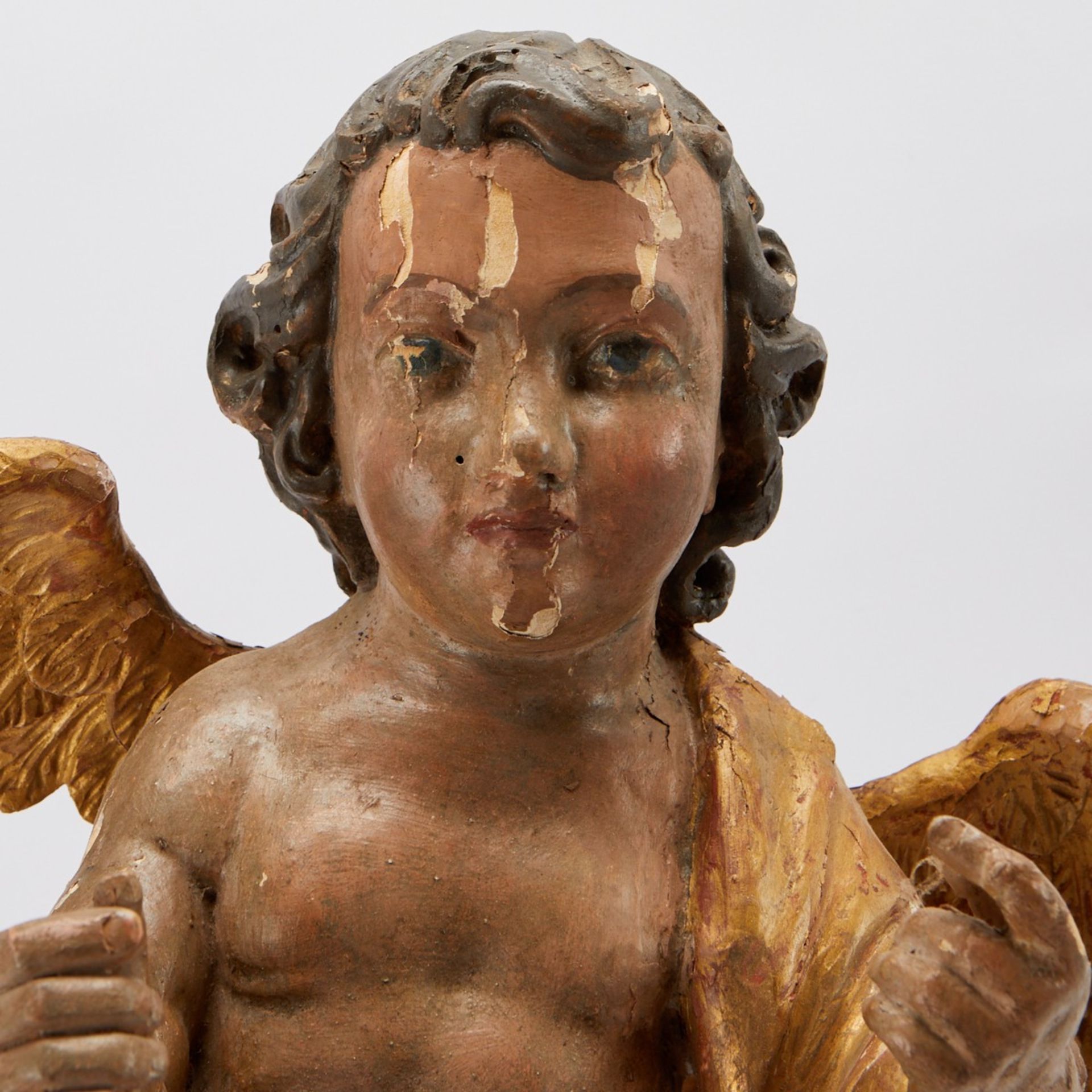 Pair of 19th c. Carved Gessoed Wooden Angels - Image 2 of 11