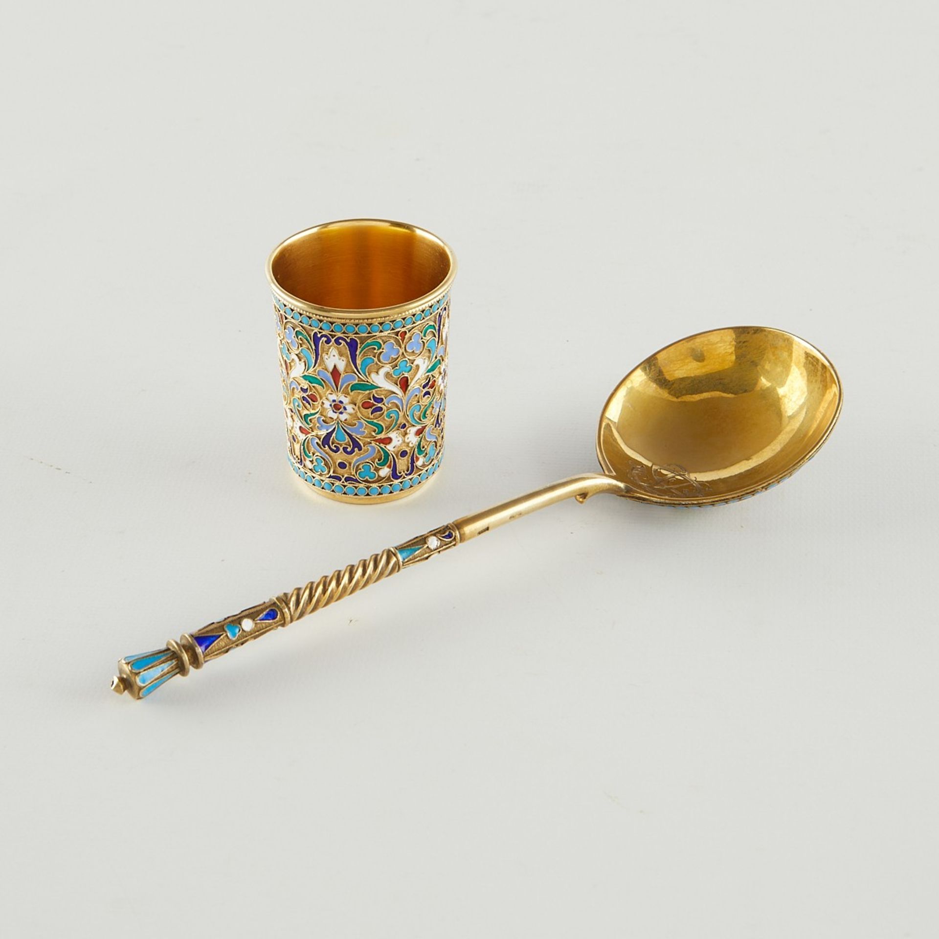 Russian Enamel Serving Spoon and Vodka Glass