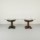 Pair Southeast Asian Pedestal Tables w/ Glass Tops